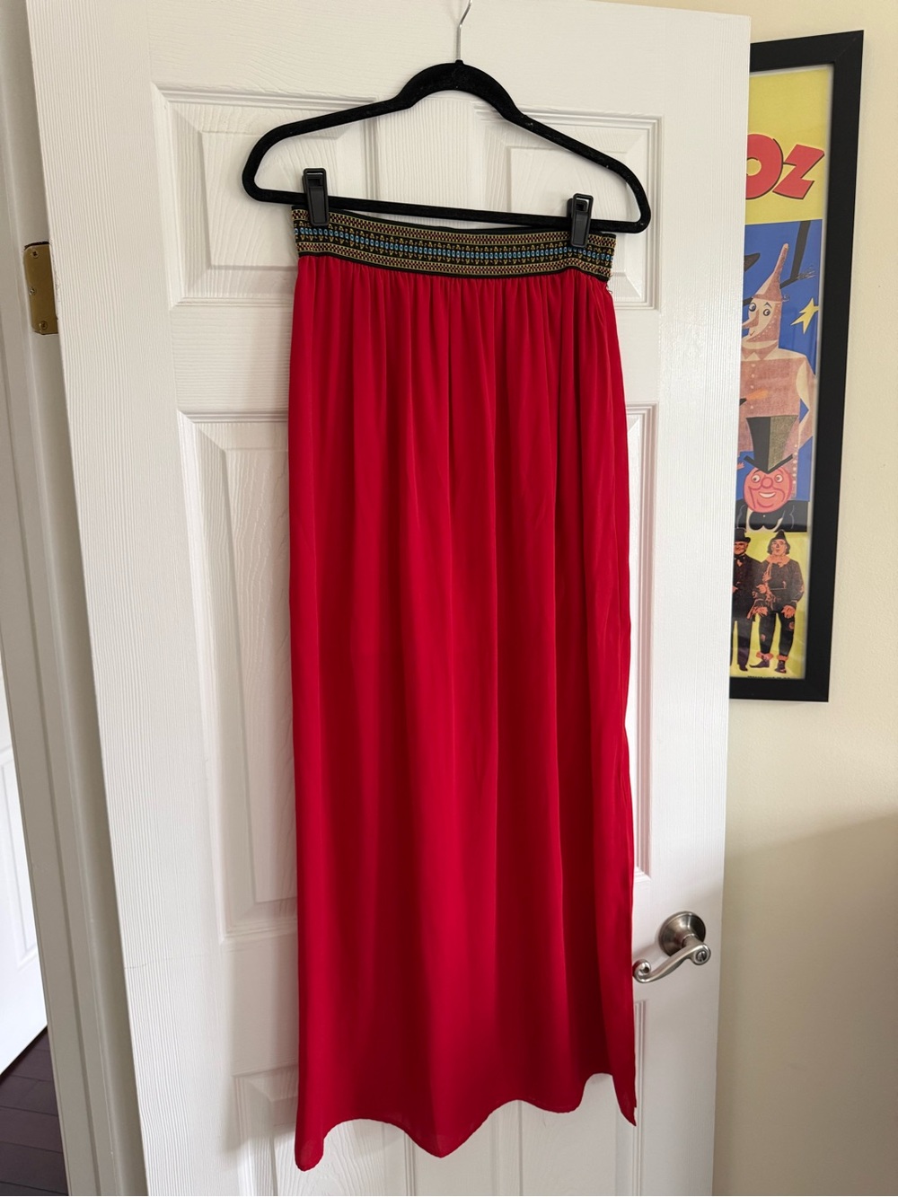 Red Maxi Skirt with Embroidered Waistband